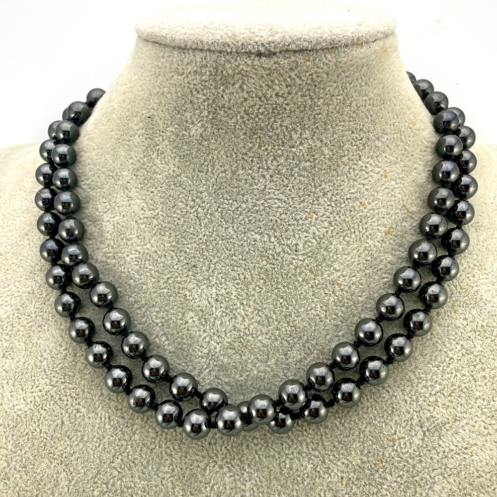 Polished Black Hematite Bead Necklace – 32” Knotted Strand